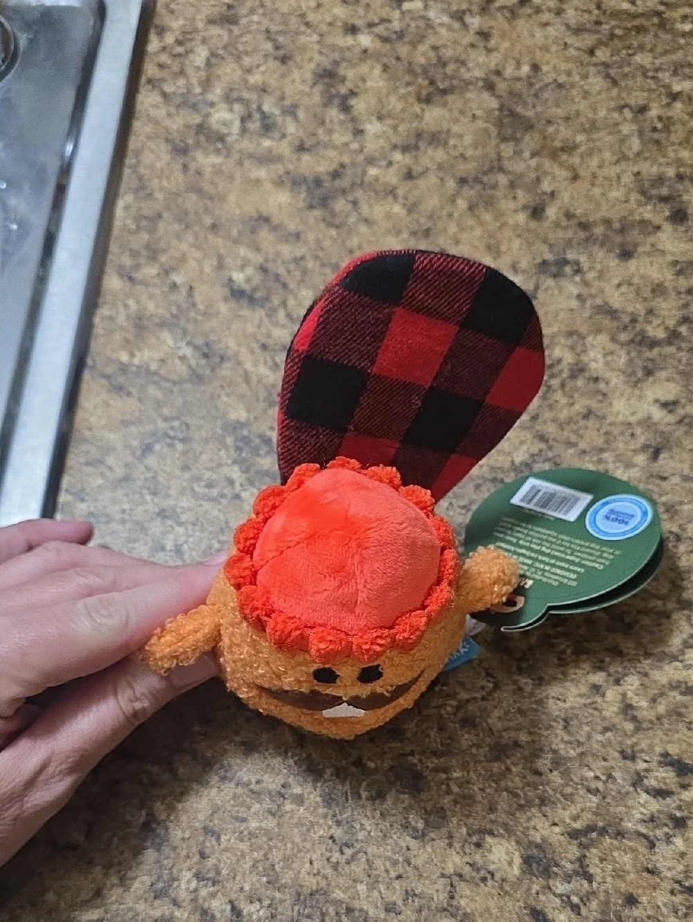 BARK Another Dam Hipster Dog Toy Orange with Plaid‎ Accent NWT Size Small